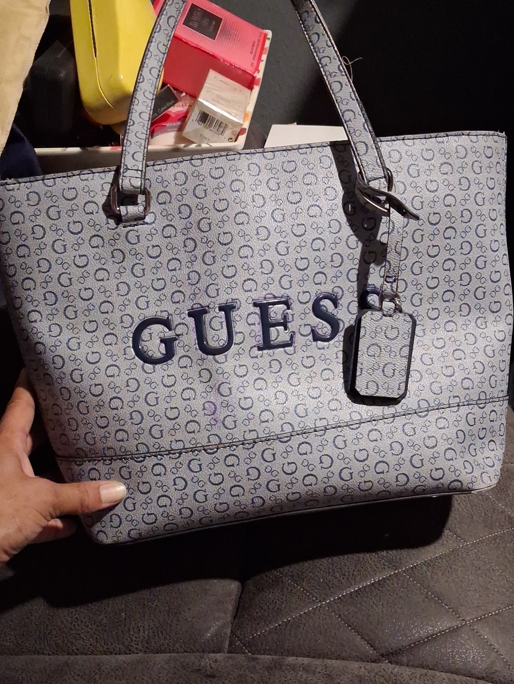 GUESS Light Blue Logo Pattern Tote with Navy Accents